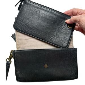 Day and Mood Black Leather Wristlet with Clutch Coin Purse Wallet